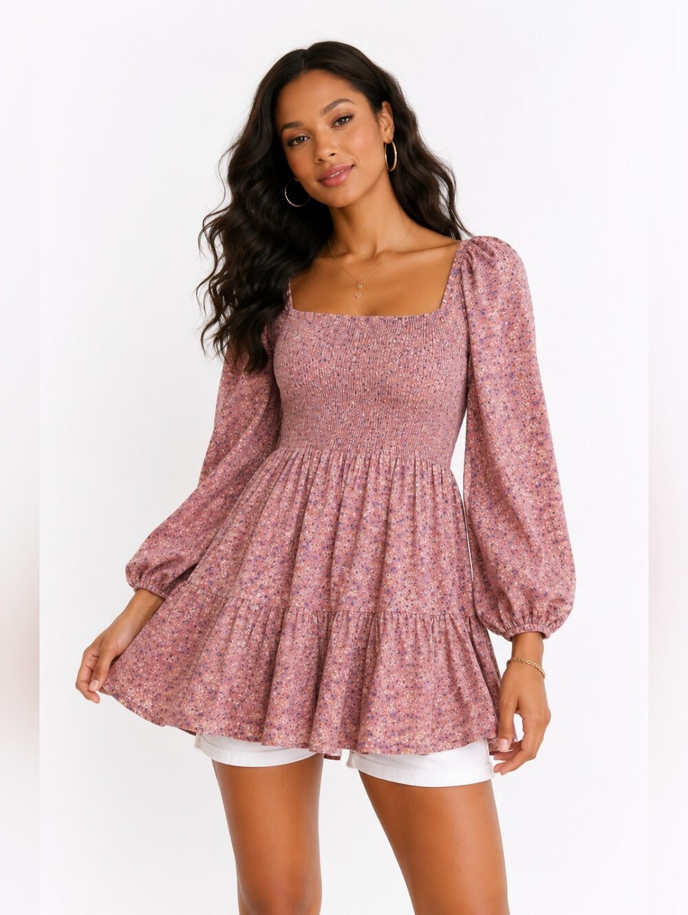 Victoria Dunn Jasmine Smocked Mini Dress Floral Cotton Tunic Dress S